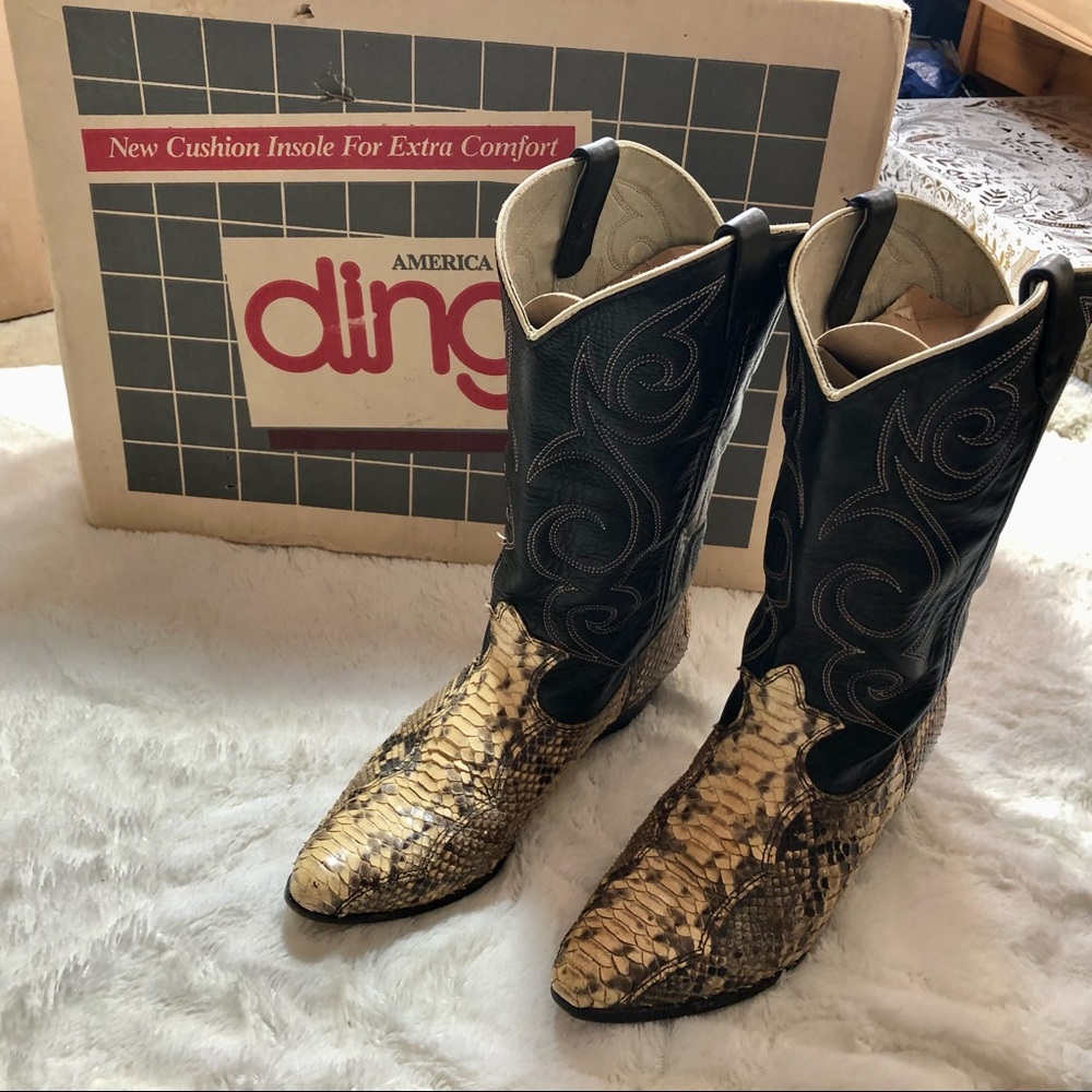 Dingo Vintage Black White Python Cowboy Boots 6.5M